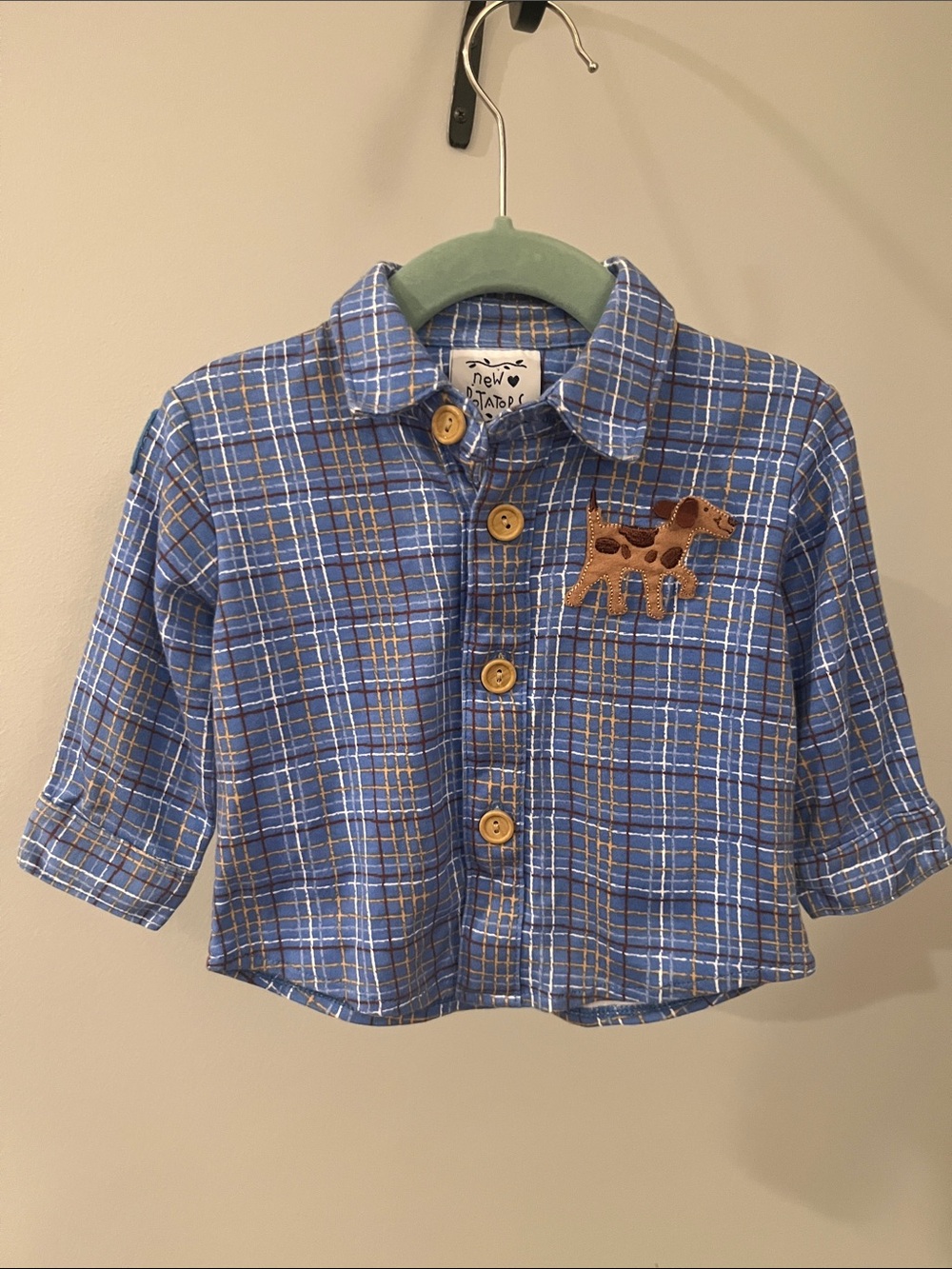 Blue Plaid Button-Down Shirt with Dog Patch for Kids
